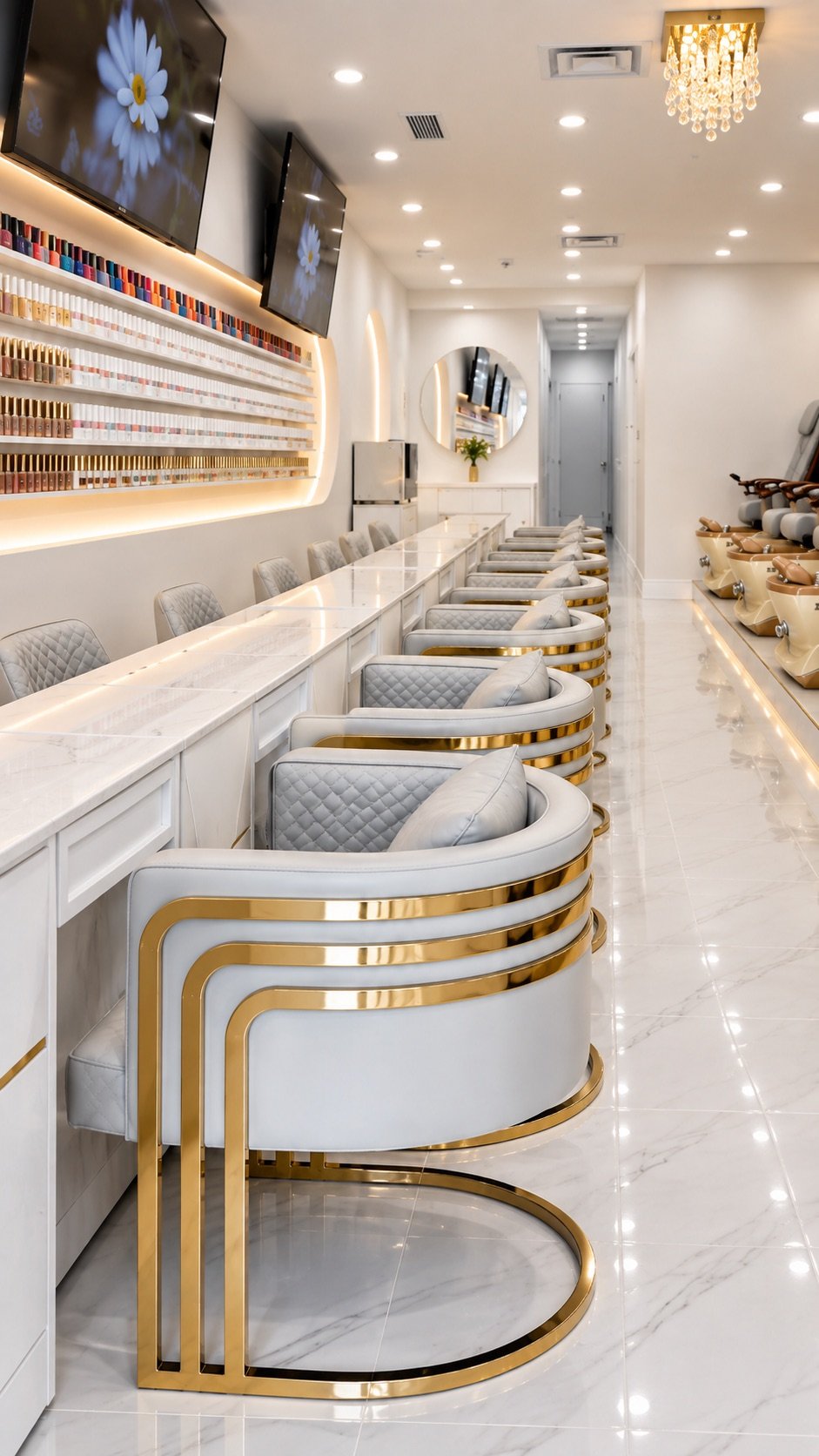 White and gold manicure chairs along the polish wall at Luxe Nail Studio