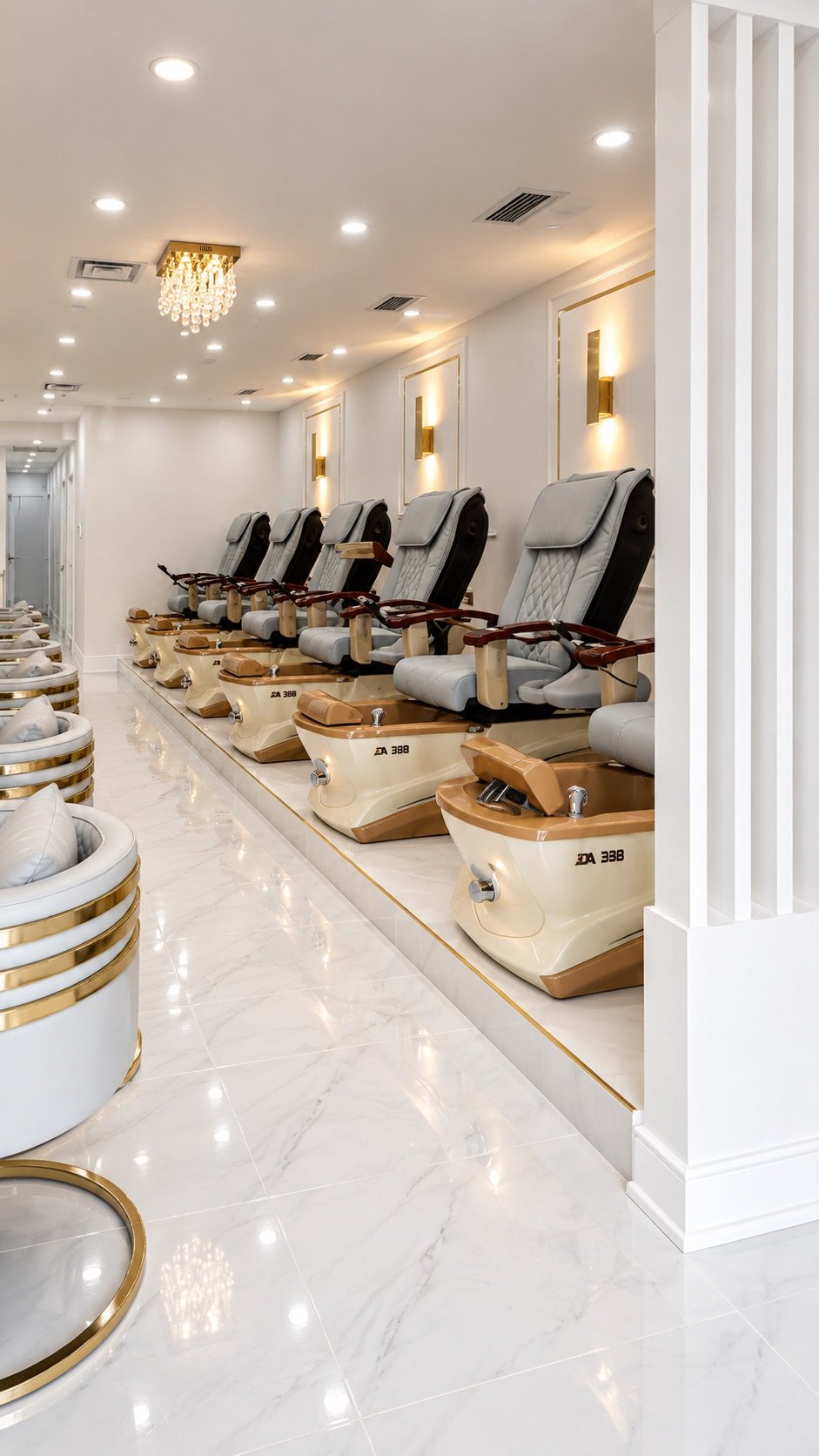 Row of pedicure chairs along the marble floor at Luxe Nail Studio